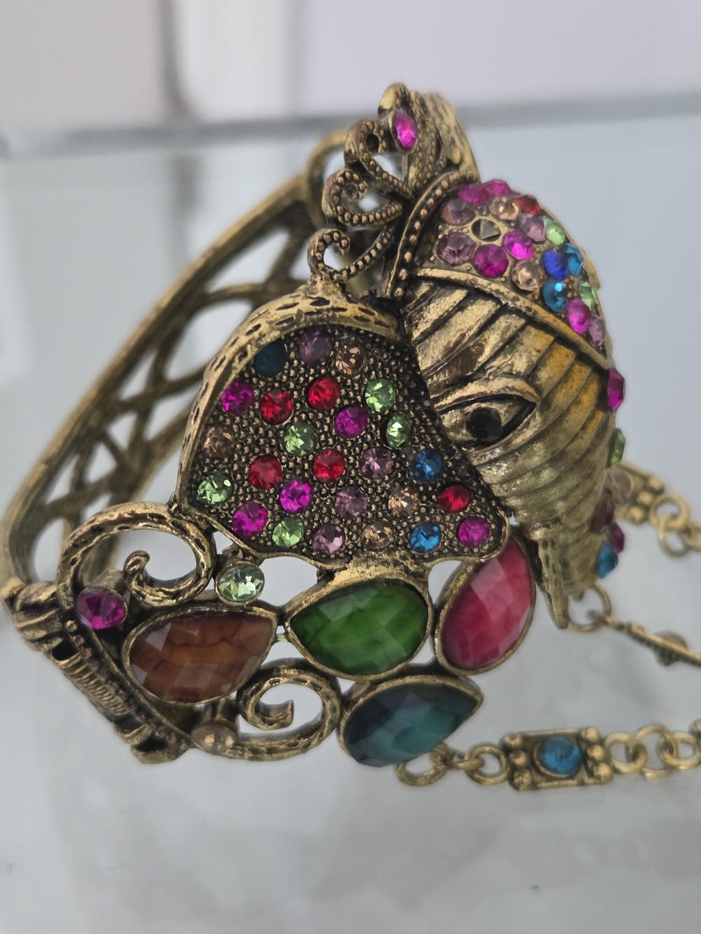 Multicolor Crystal Elephant Statement Bracelet With Ring - Women Jewelry